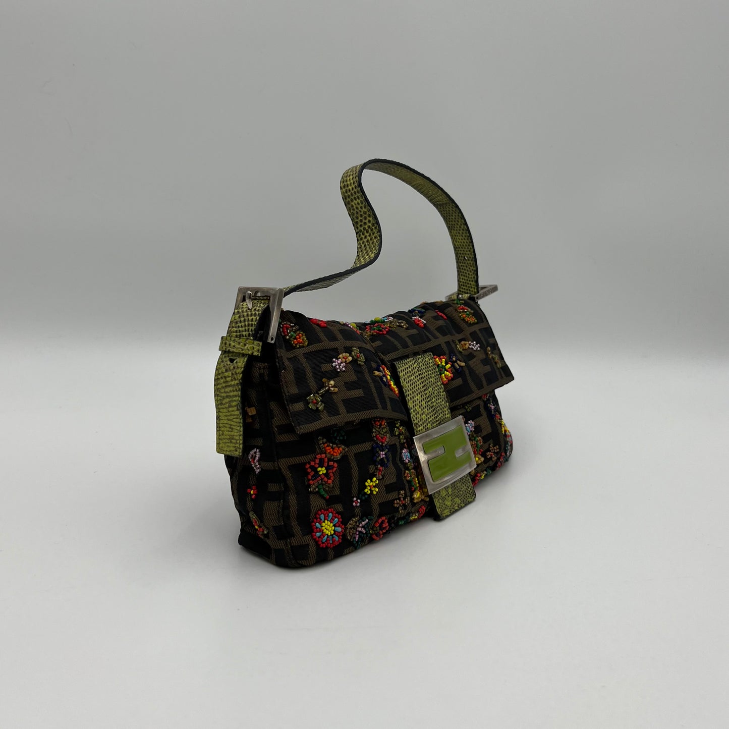 Fendi Tobacco Zucca Lizard Trimmed Multicolor Floral Beaded Baguette