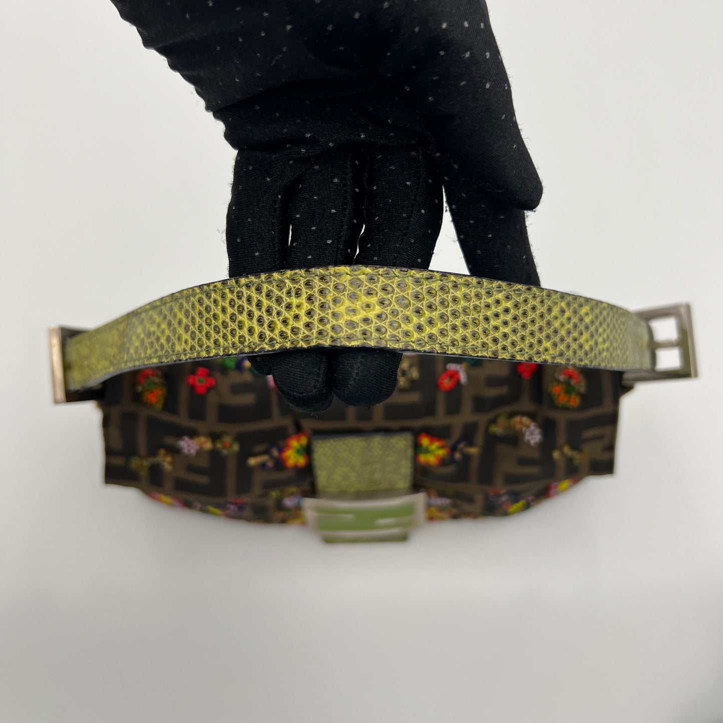Fendi Tobacco Zucca Lizard Trimmed Multicolor Floral Beaded Baguette