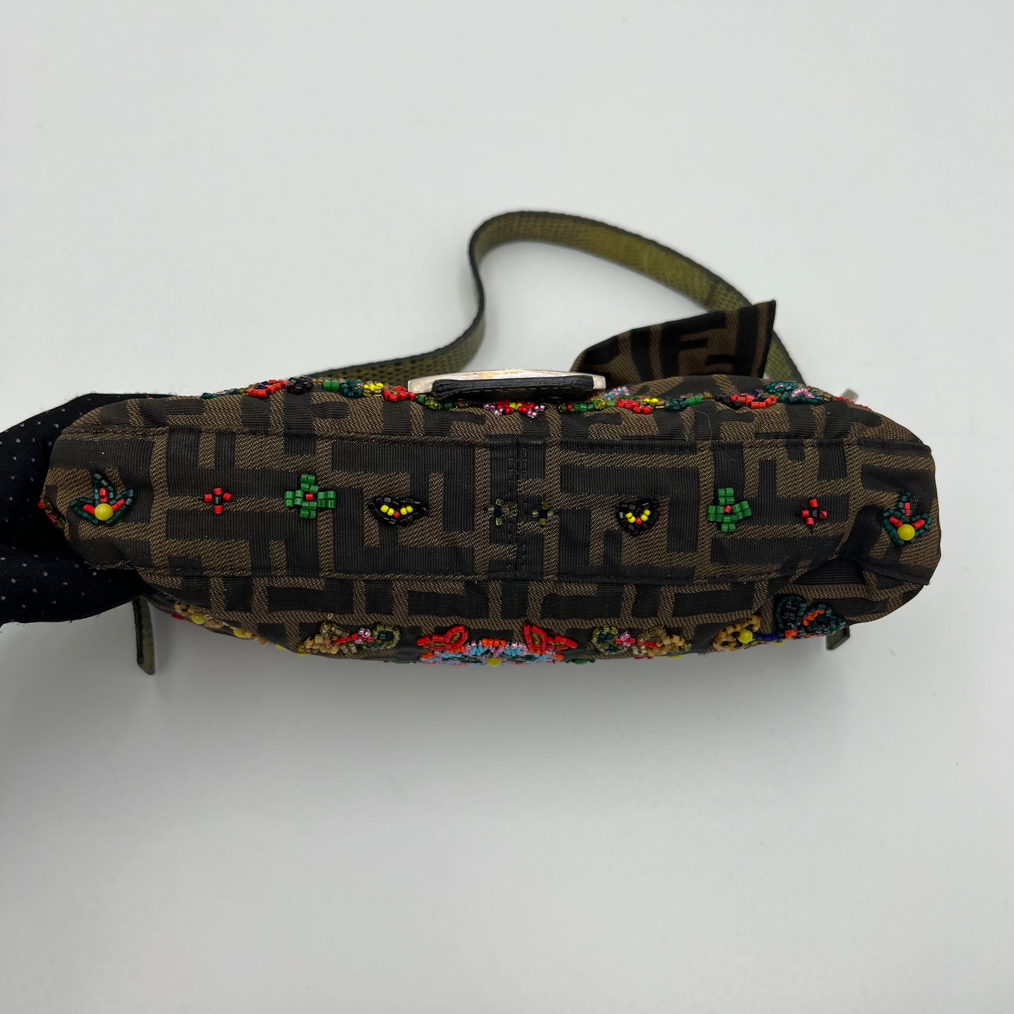 Fendi Tobacco Zucca Lizard Trimmed Multicolor Floral Beaded Baguette