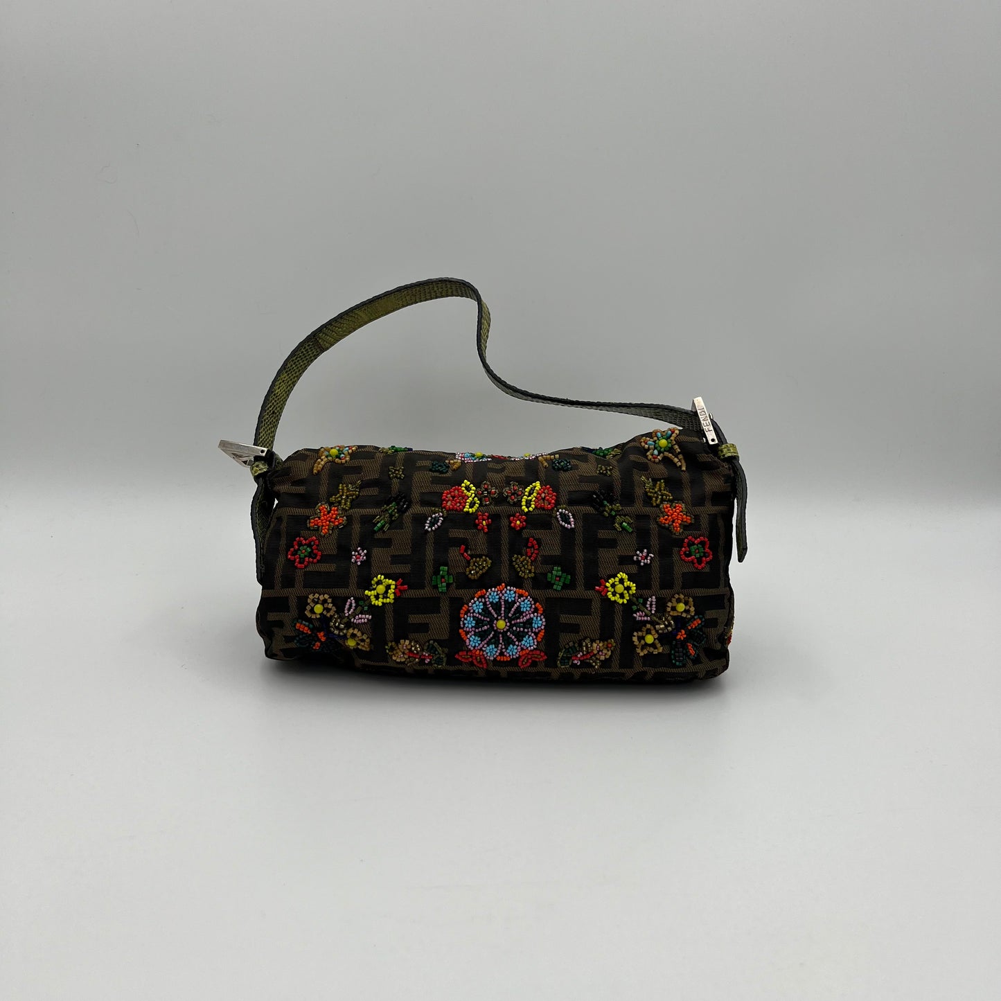 Fendi Tobacco Zucca Lizard Trimmed Multicolor Floral Beaded Baguette