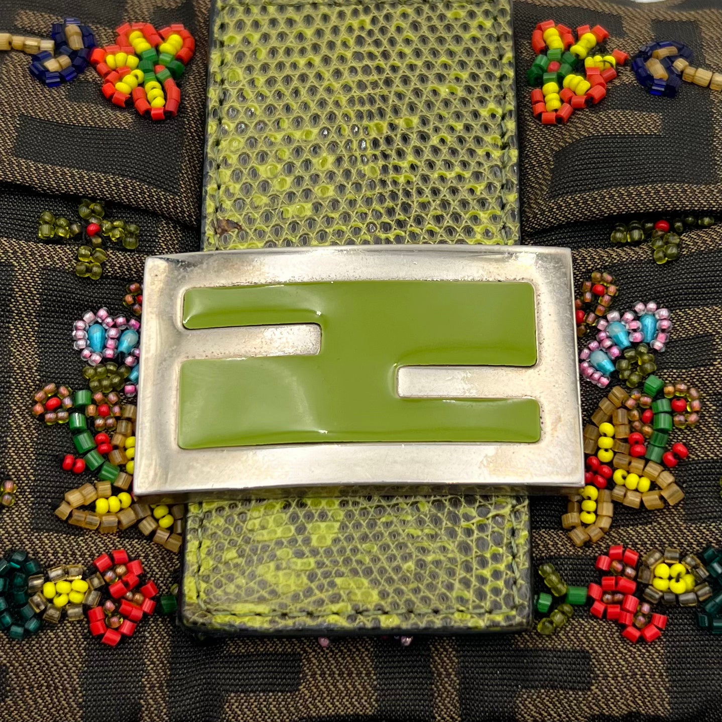 Fendi Tobacco Zucca Lizard Trimmed Multicolor Floral Beaded Baguette