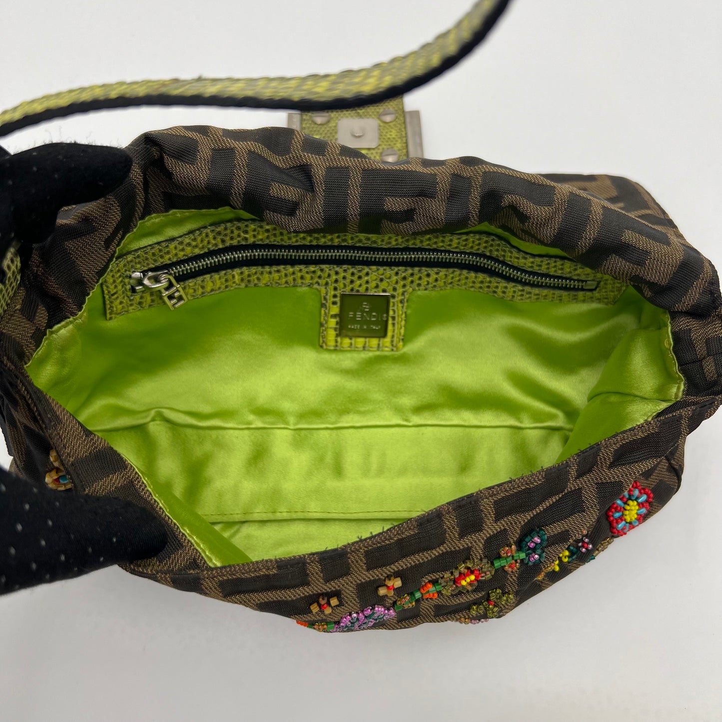 Fendi Tobacco Zucca Lizard Trimmed Multicolor Floral Beaded Baguette