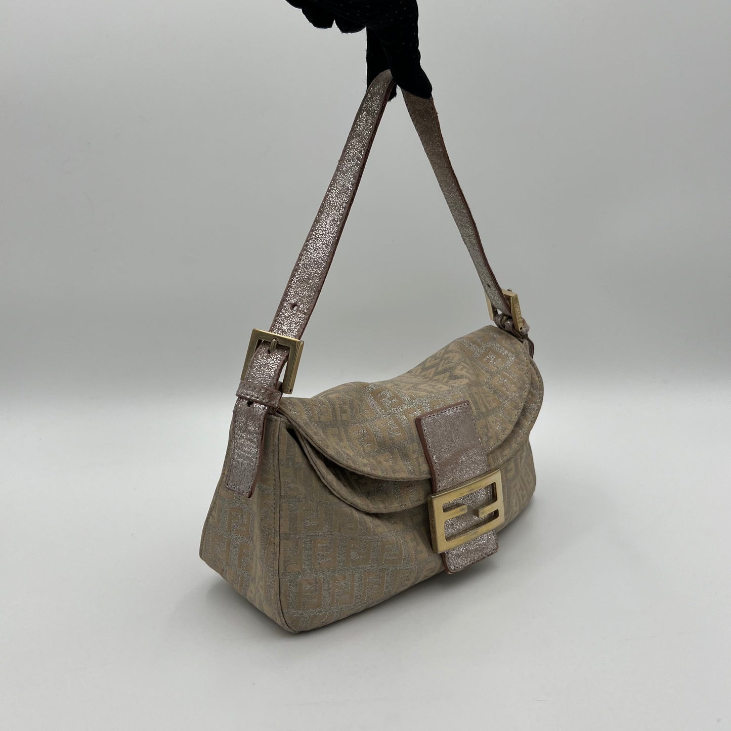 Fendi Rose Gold Metallic Zucchino Double Flap Baguette