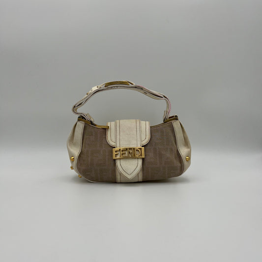 Fendi Beige Zucca White Leather Shoulder Bag