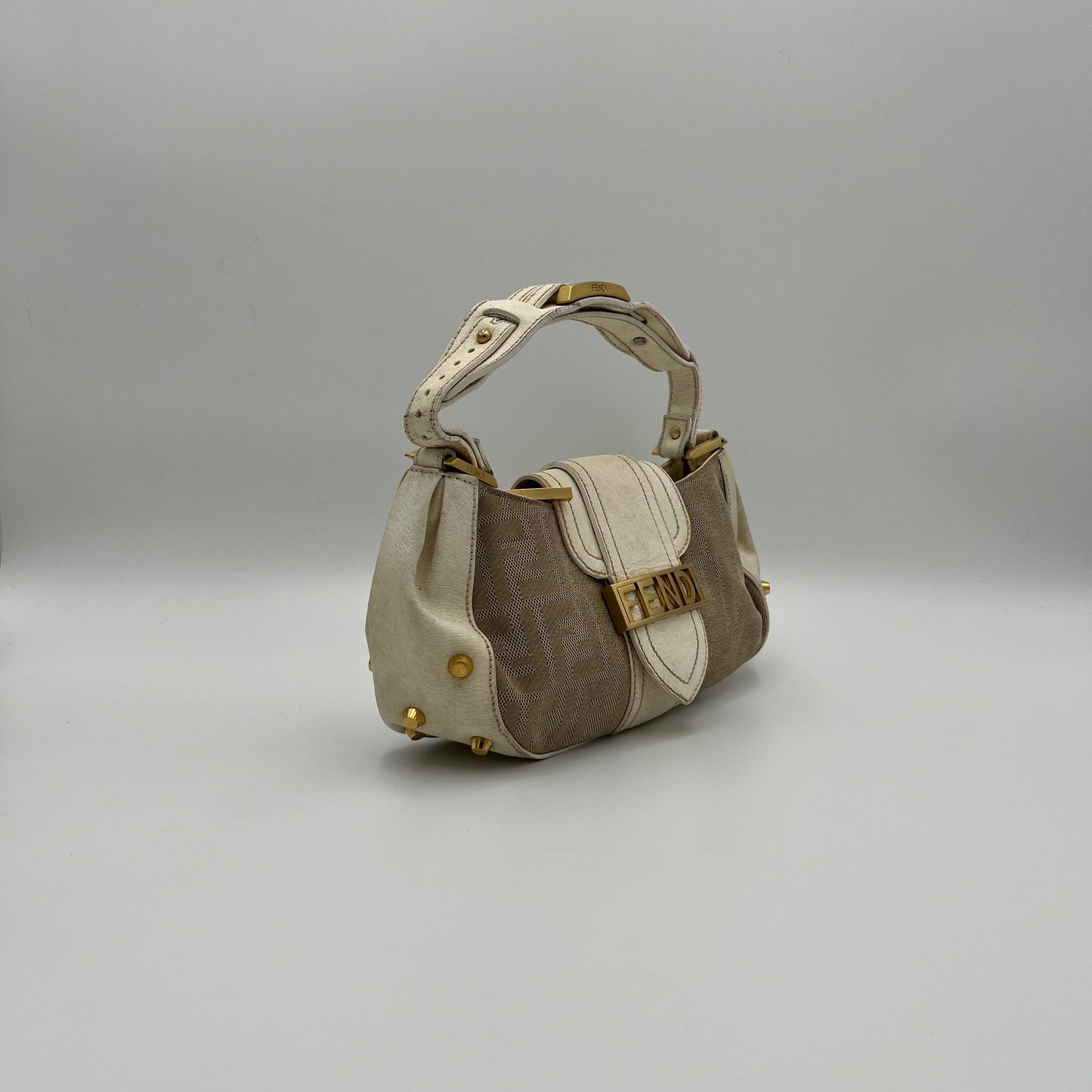 Fendi Beige Zucca White Leather Shoulder Bag
