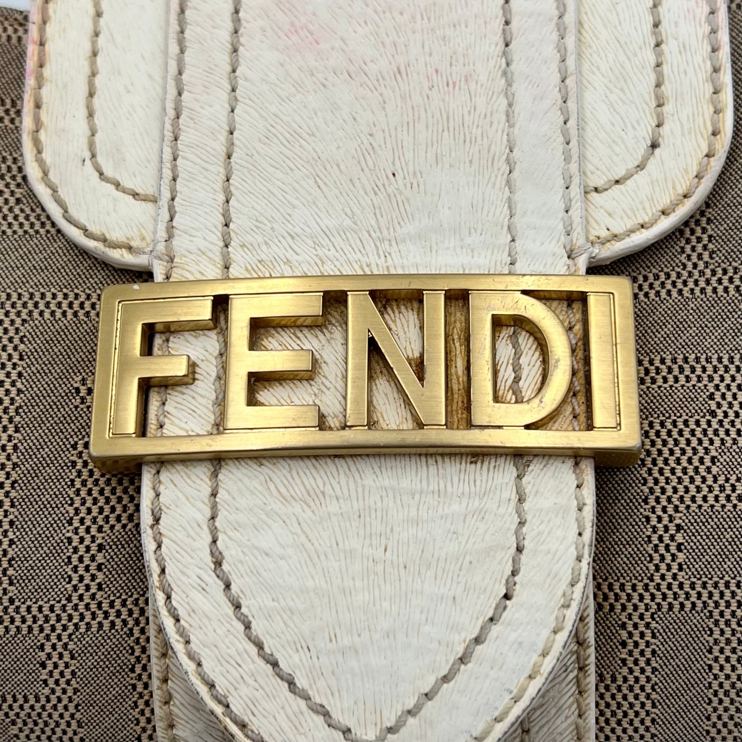 Fendi Beige Zucca White Leather Shoulder Bag
