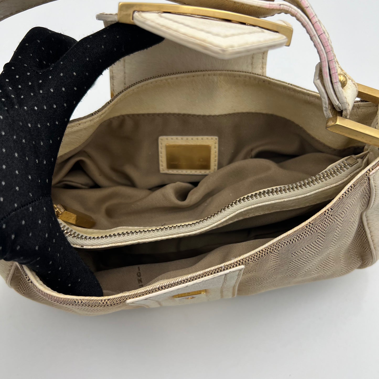 Fendi Beige Zucca White Leather Shoulder Bag