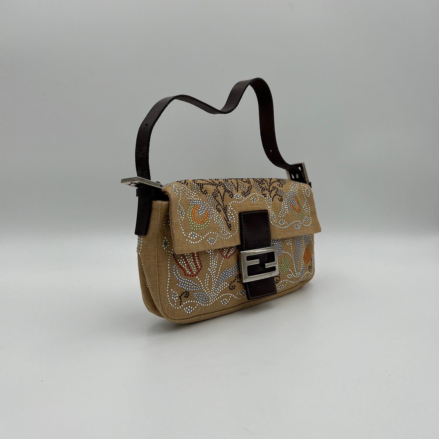 Fendi Linen Crystal Floral Beaded Baguette