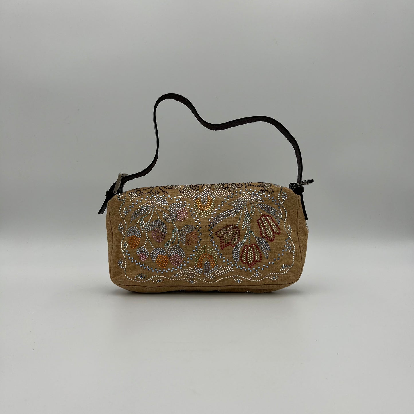 Fendi Linen Crystal Floral Beaded Baguette