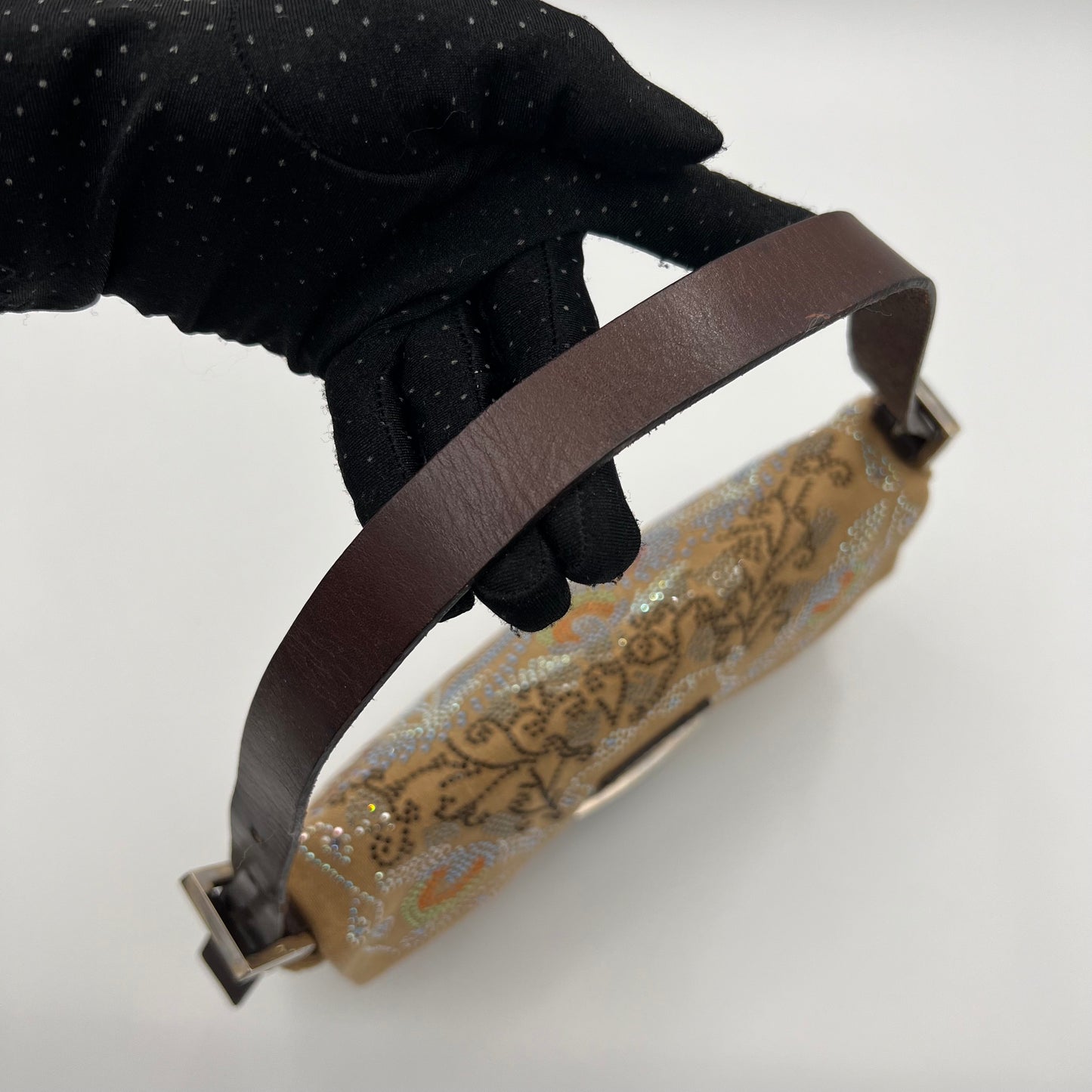 Fendi Linen Crystal Floral Beaded Baguette