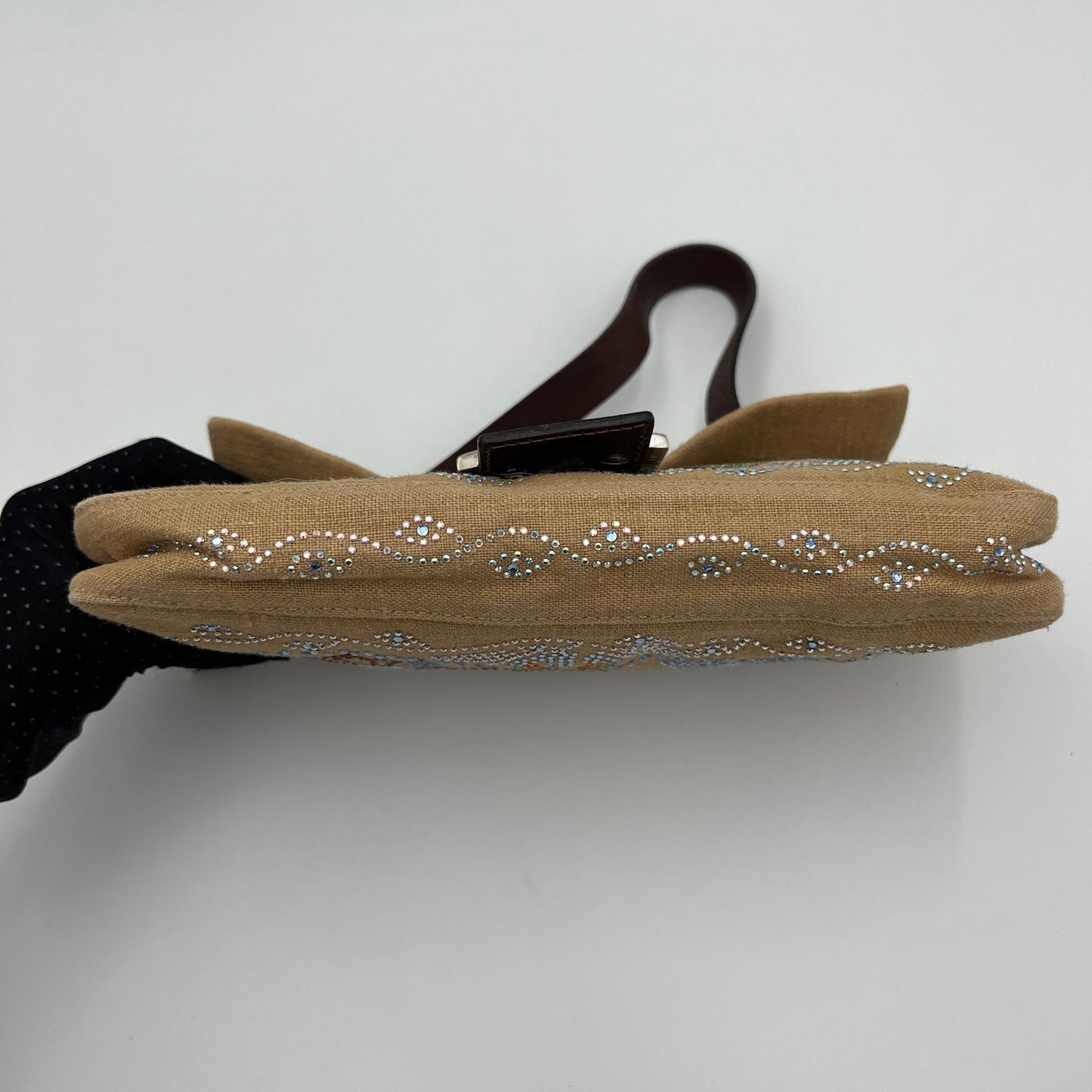 Fendi Linen Crystal Floral Beaded Baguette