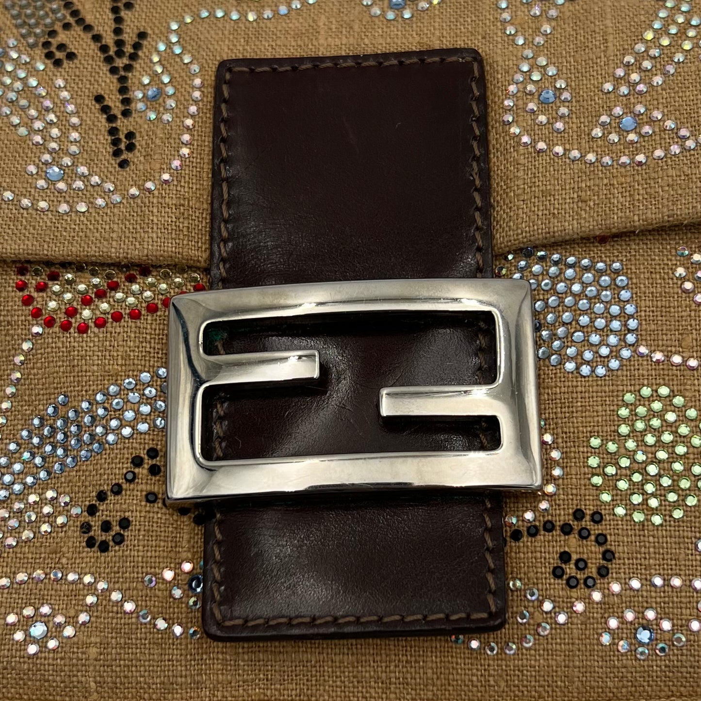 Fendi Linen Crystal Floral Beaded Baguette