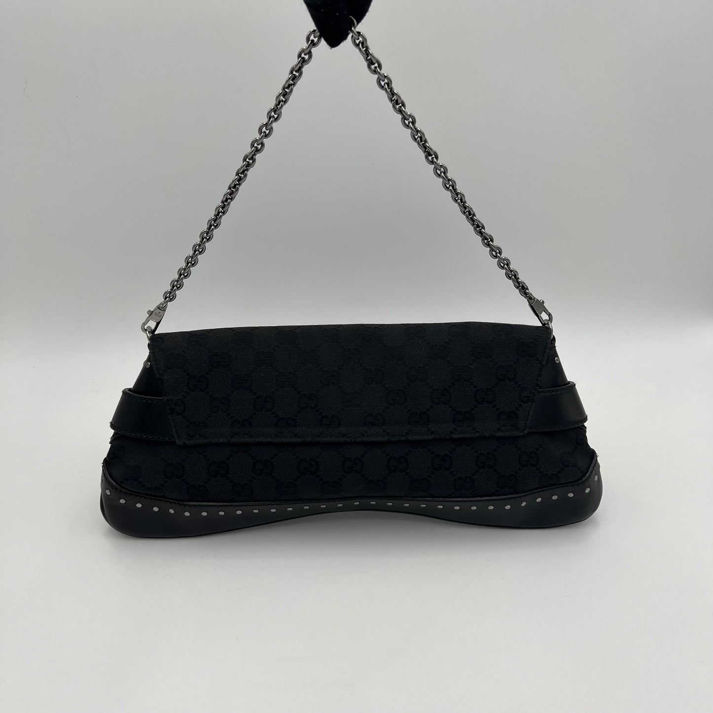 Gucci Tom Ford Black Monogram Canvas Horsebit Chain Shoulder Bag