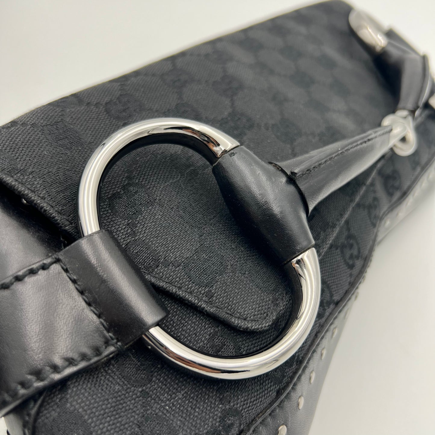 Gucci Tom Ford Black Monogram Canvas Horsebit Chain Shoulder Bag