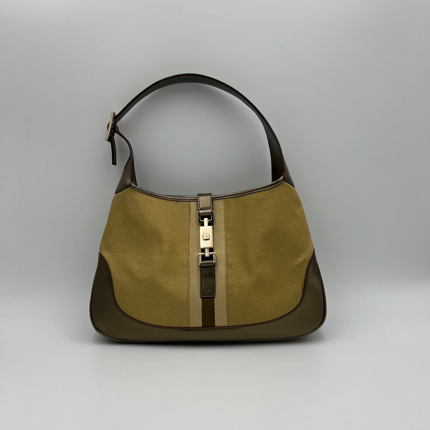 Gucci Web Gold Canvas Olive Green Patent Leather Jackie O Hobo Bag