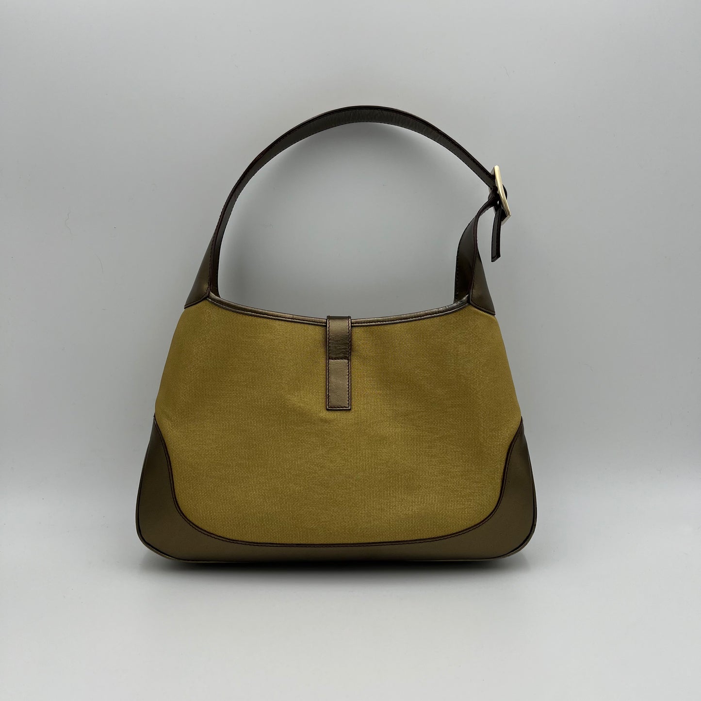 Gucci Web Gold Canvas Olive Green Patent Leather Jackie O Hobo Bag