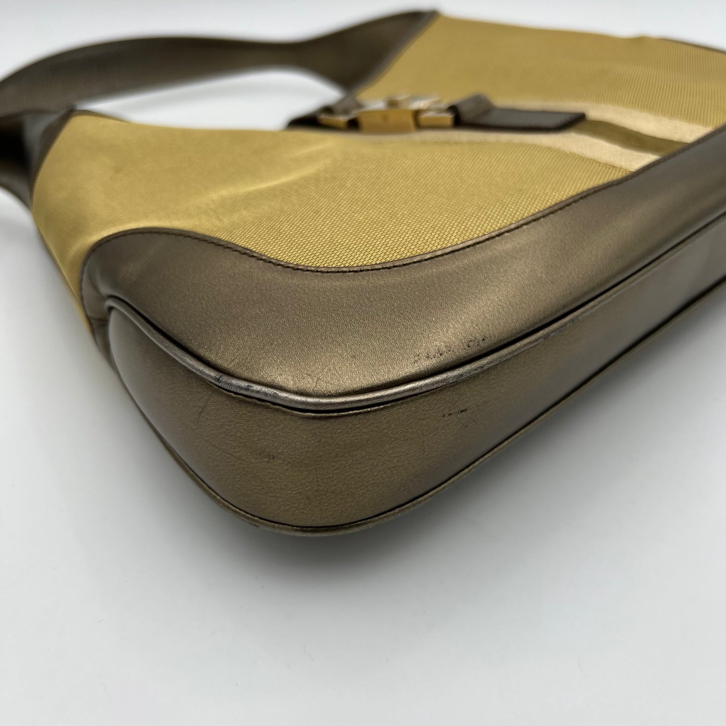 Gucci Web Gold Canvas Olive Green Patent Leather Jackie O Hobo Bag