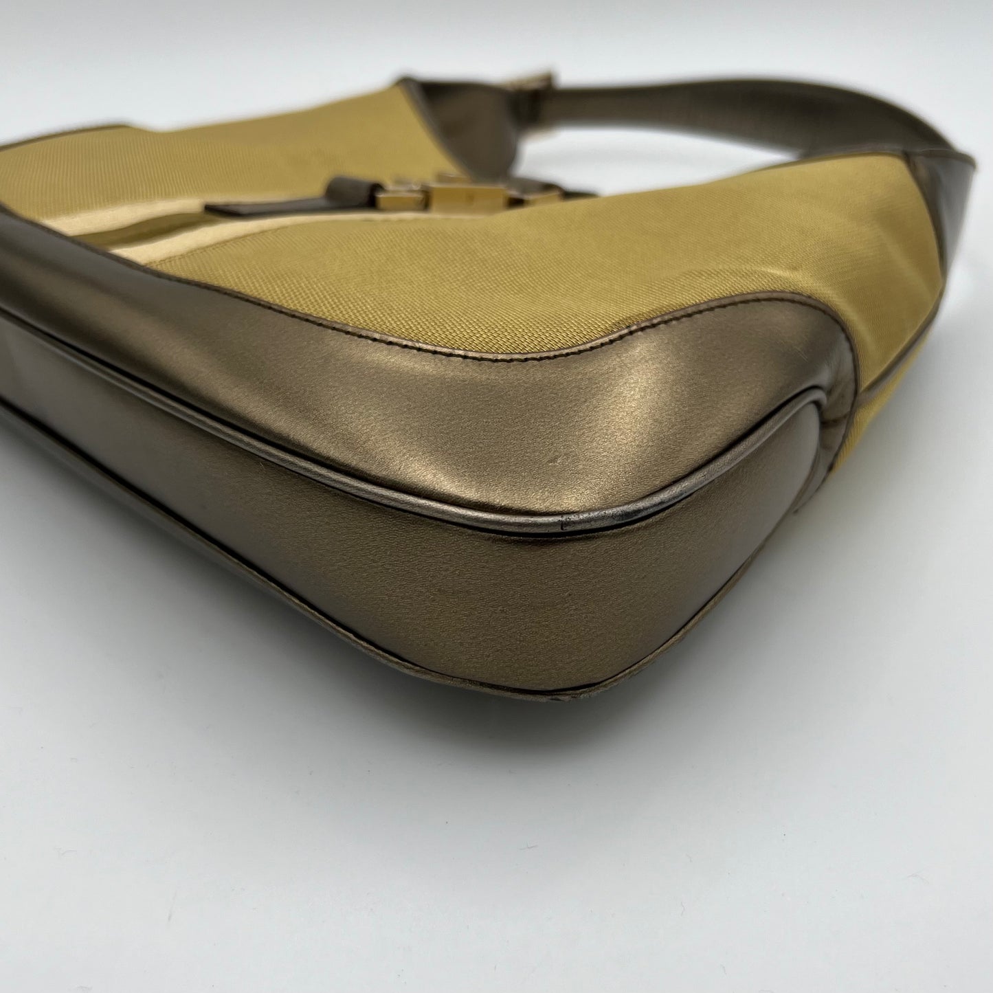 Gucci Web Gold Canvas Olive Green Patent Leather Jackie O Hobo Bag