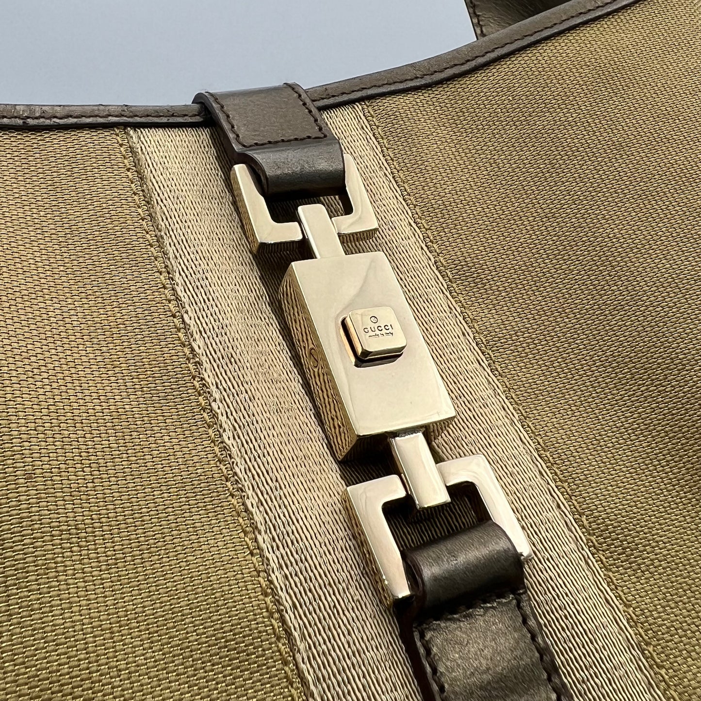Gucci Web Gold Canvas Olive Green Patent Leather Jackie O Hobo Bag