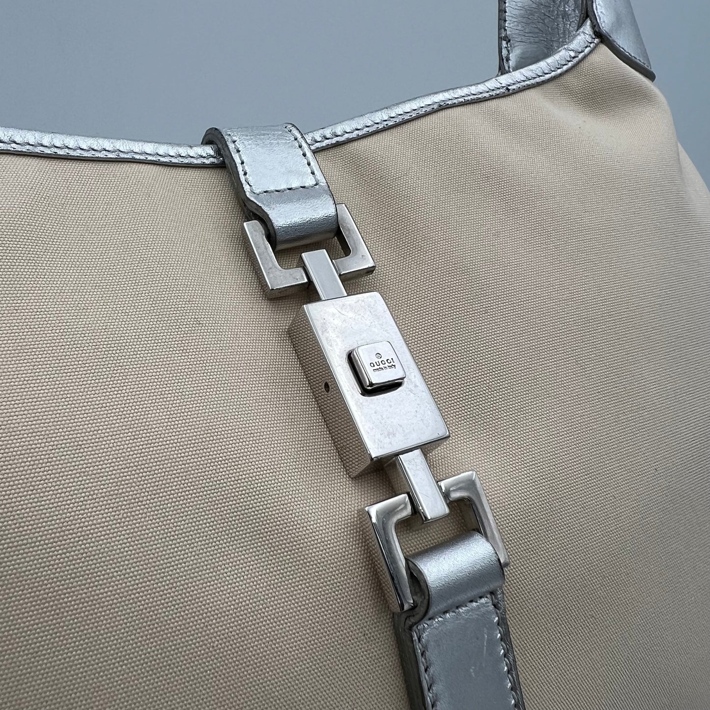 Gucci Beige Cloth Silver Leather Jackie O Bag
