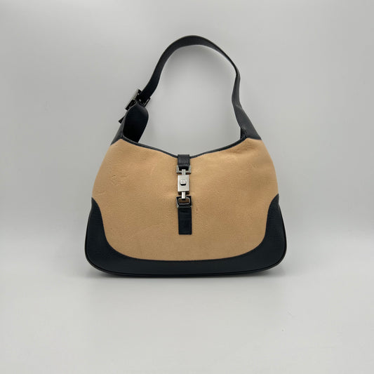 Gucci Beige Wool Black Leather Jackie O Hobo