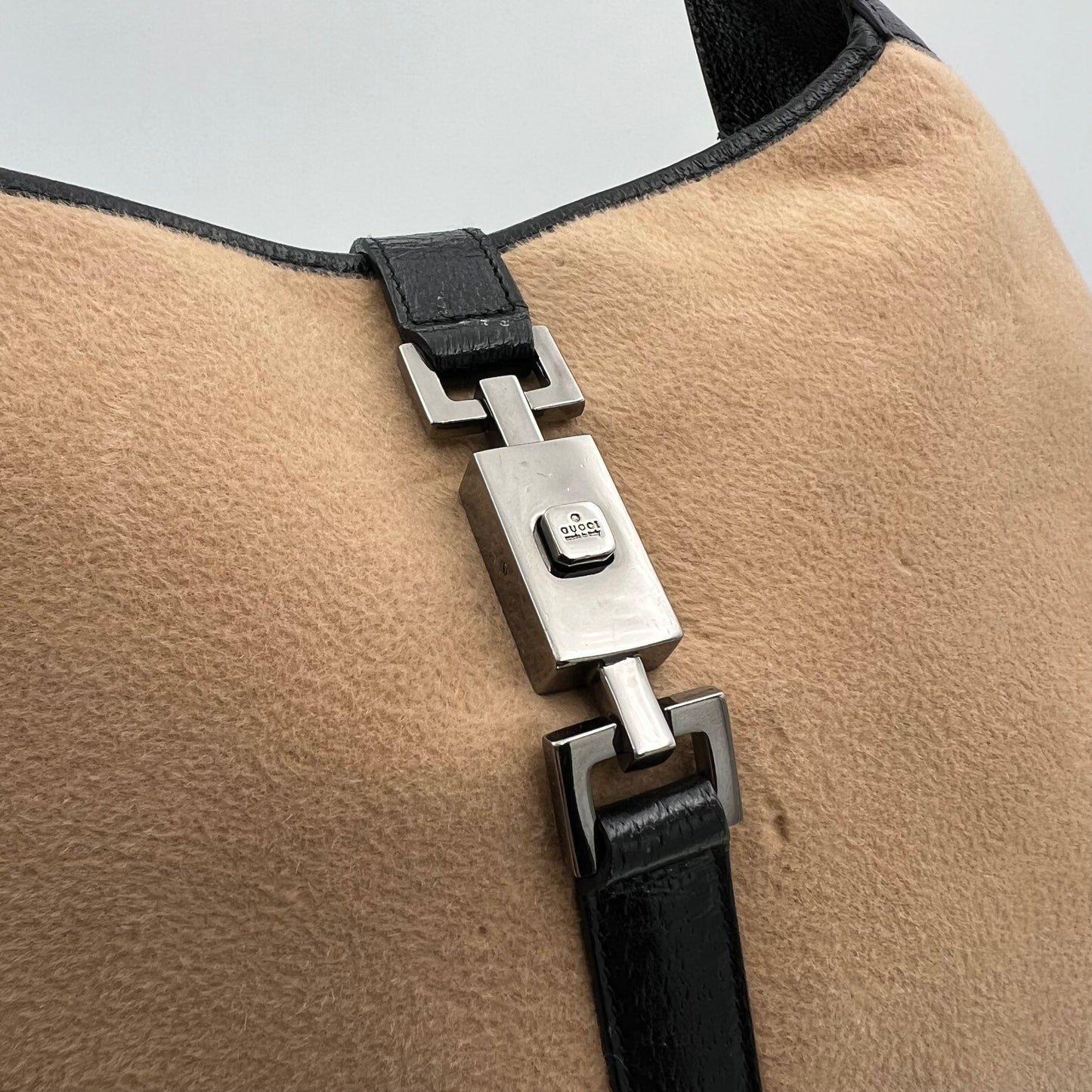 Gucci Beige Wool Black Leather Jackie O Hobo