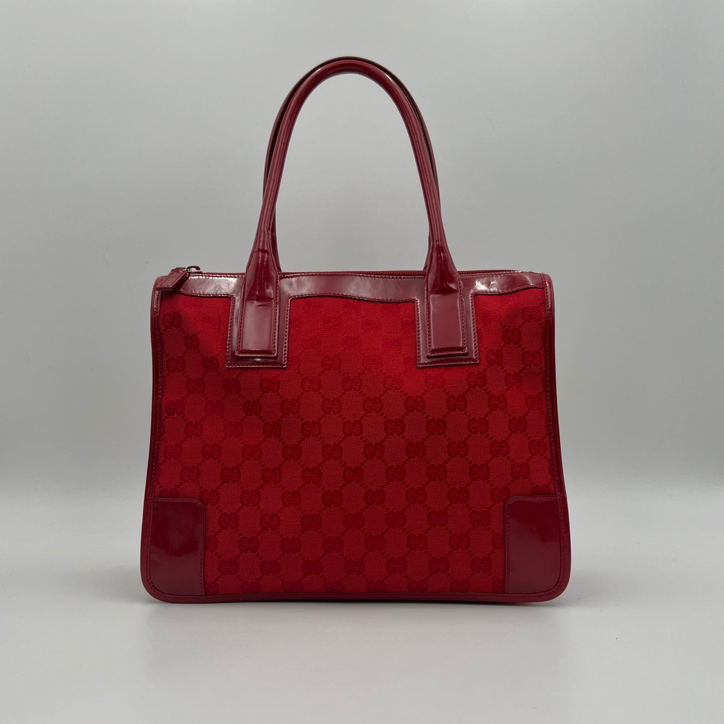Gucci Red Monogram Canvas and Patent Leather Handbag
