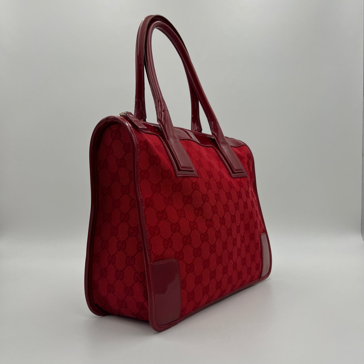 Gucci Red Monogram Canvas and Patent Leather Handbag