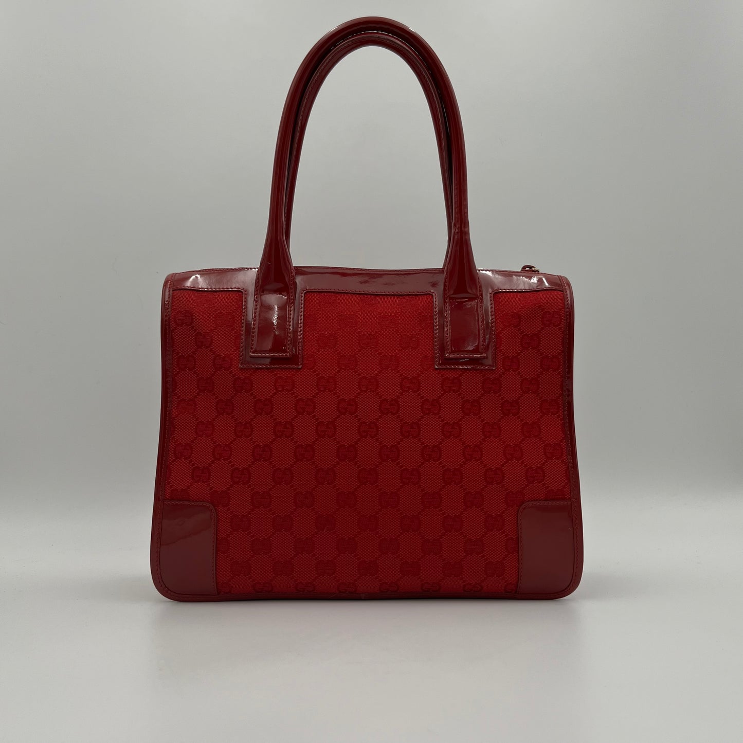 Gucci Red Monogram Canvas and Patent Leather Handbag