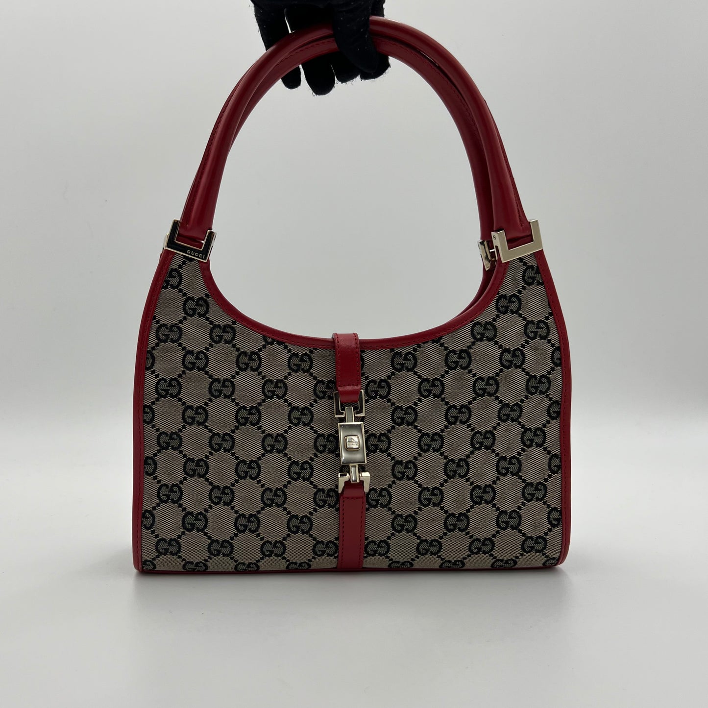 Gucci Blue Red Monogram Canvas and Leather Small Bardot Jackie