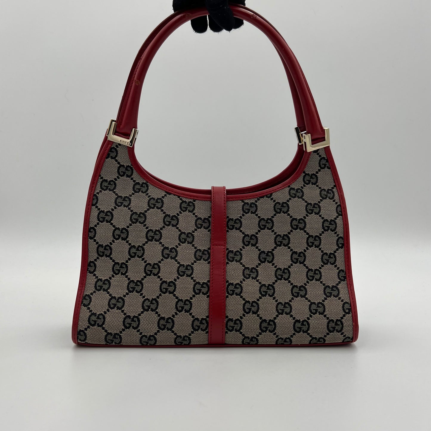 Gucci Blue Red Monogram Canvas and Leather Small Bardot Jackie