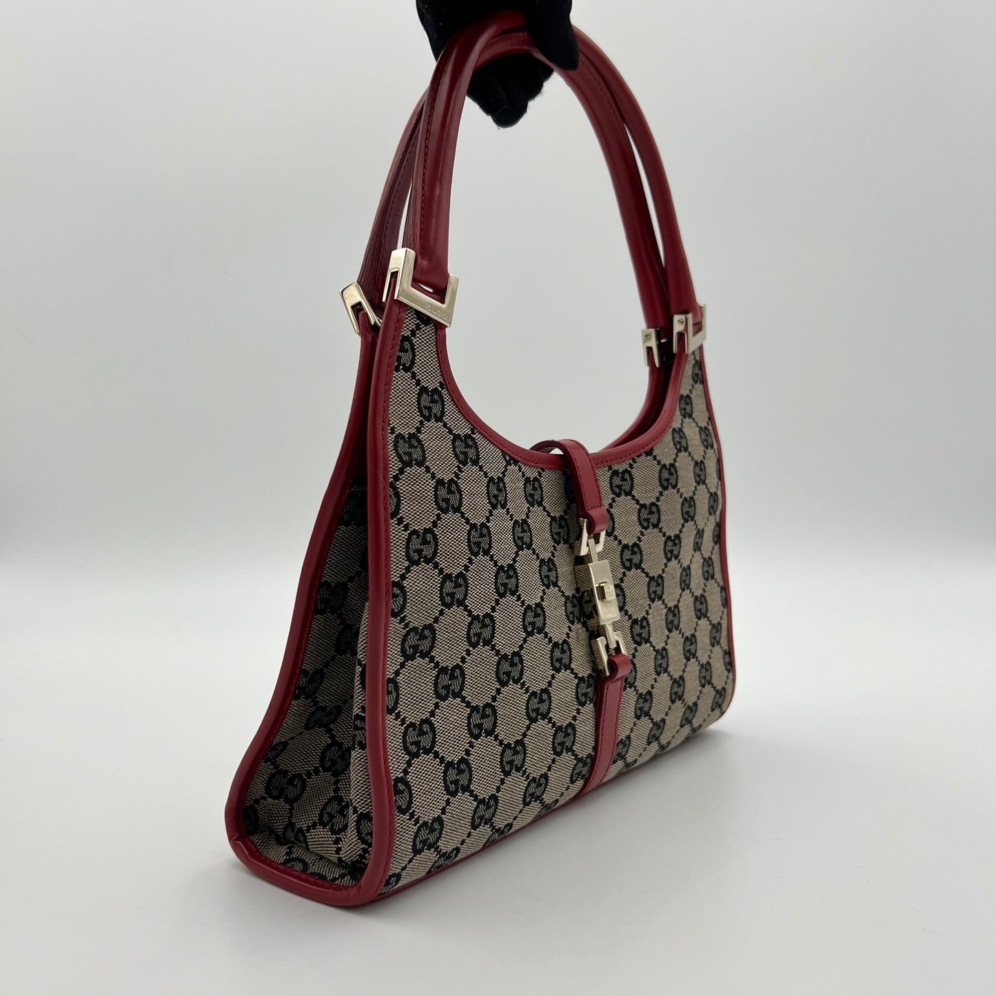 Gucci Blue Red Monogram Canvas and Leather Small Bardot Jackie