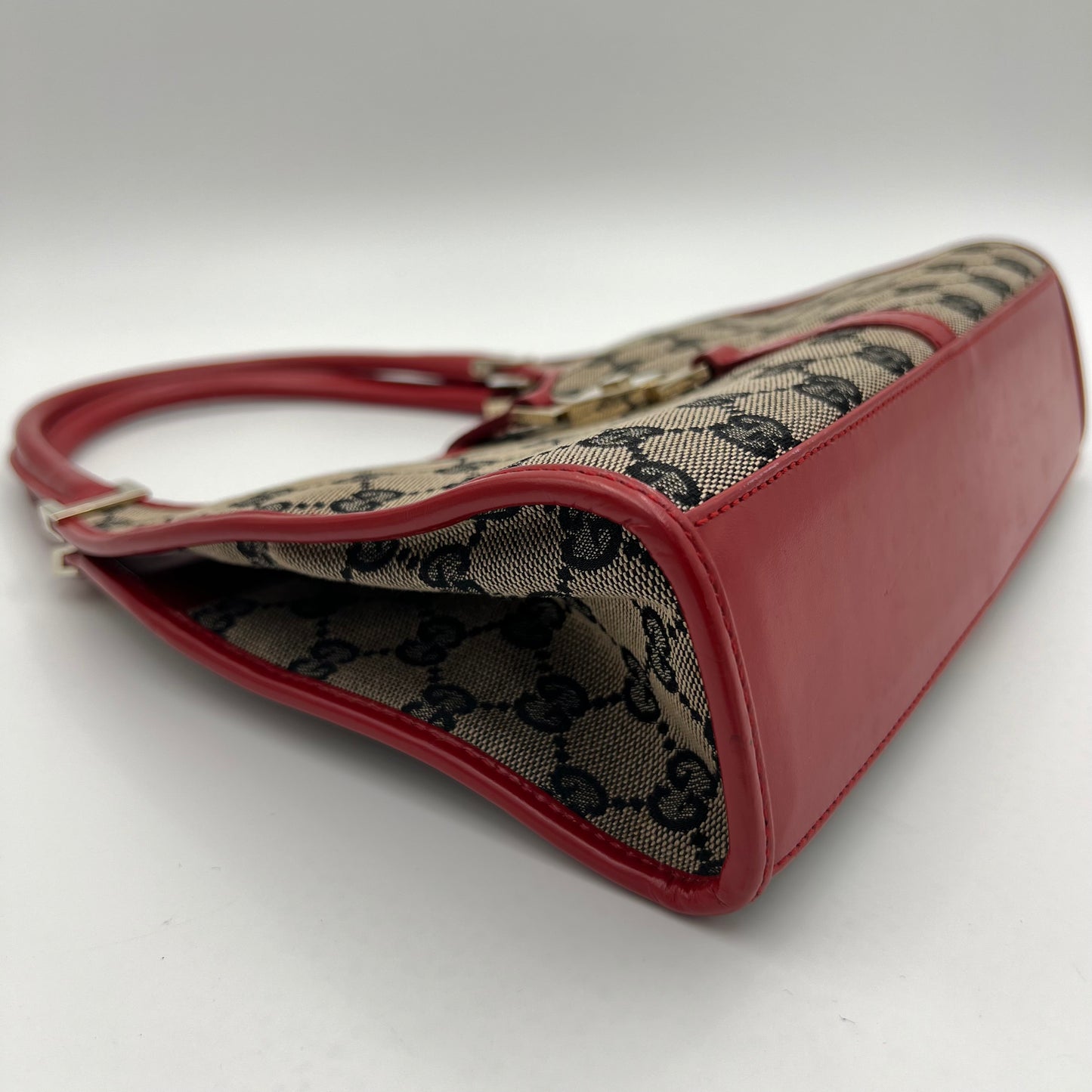 Gucci Blue Red Monogram Canvas and Leather Small Bardot Jackie