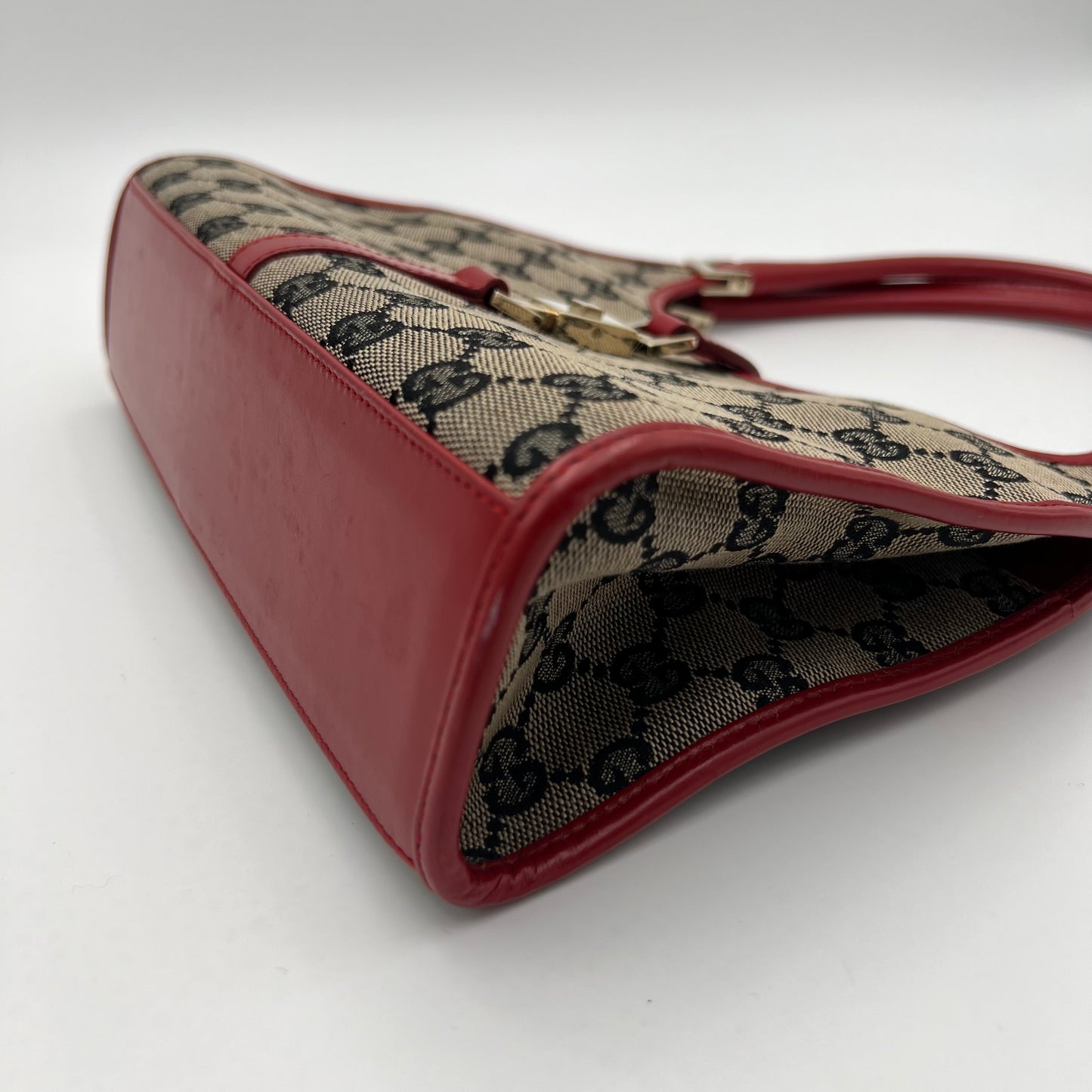 Gucci Blue Red Monogram Canvas and Leather Small Bardot Jackie