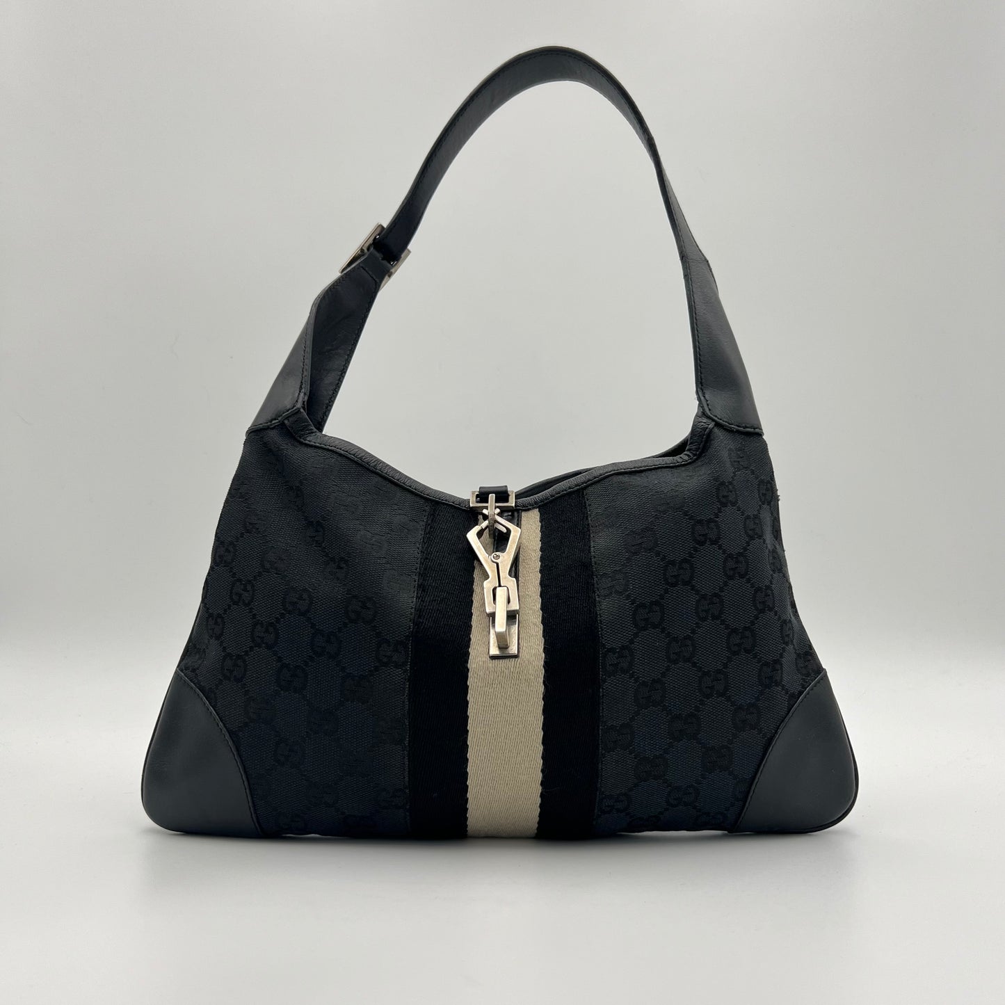 Gucci Black Monogram Canvas White Stripe Jackie Bag