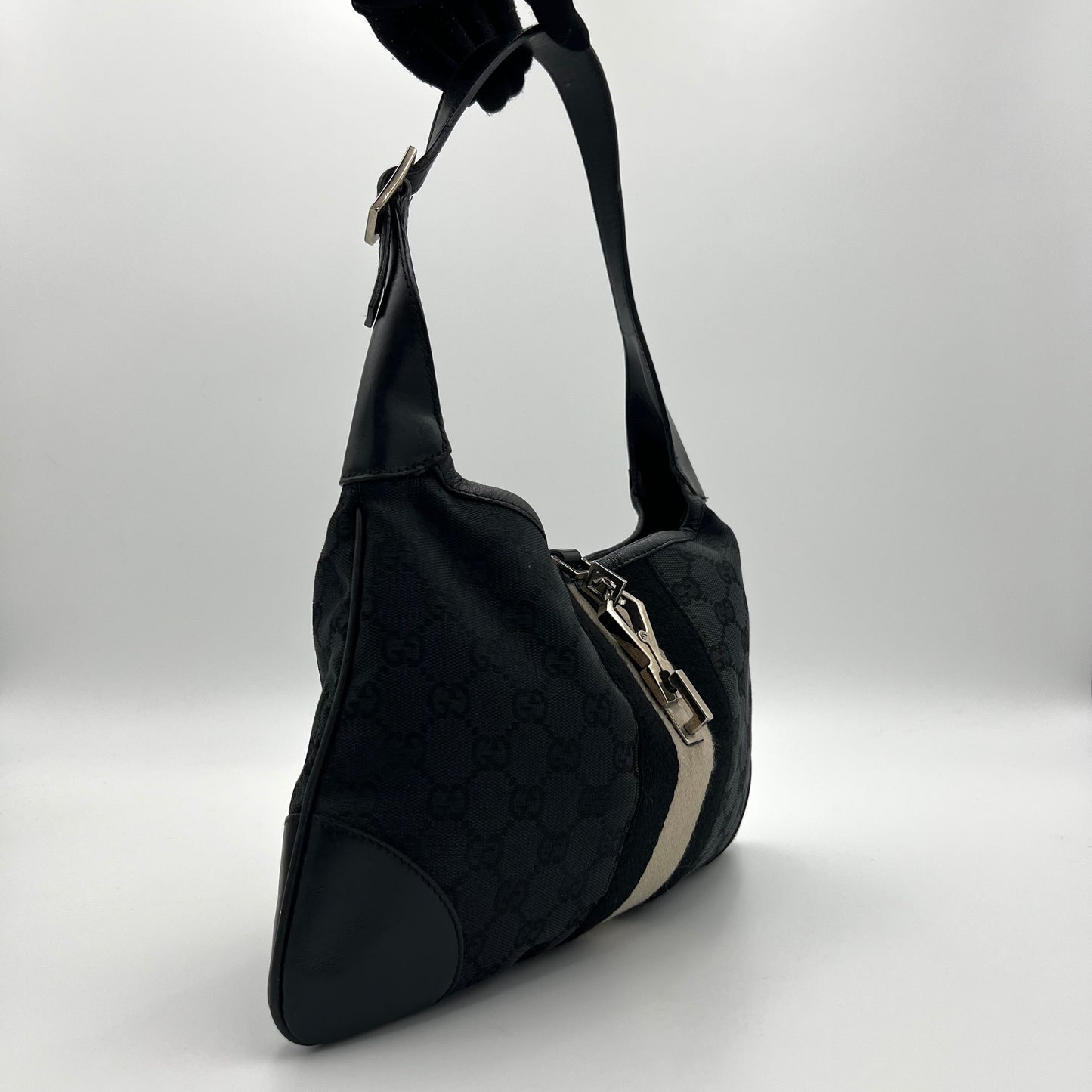 Gucci Black Monogram Canvas White Stripe Jackie Bag