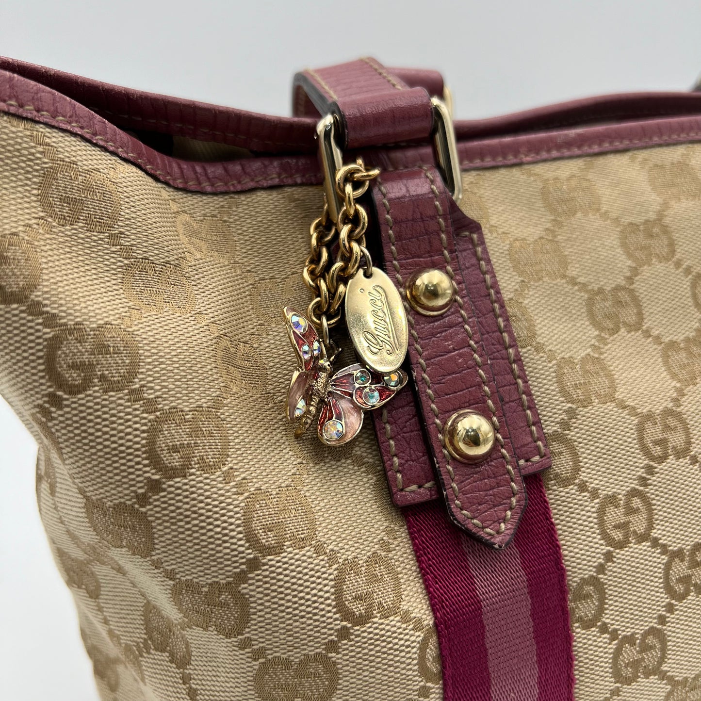 Gucci Beige Monogram Canvas Pink Sherryline Tote