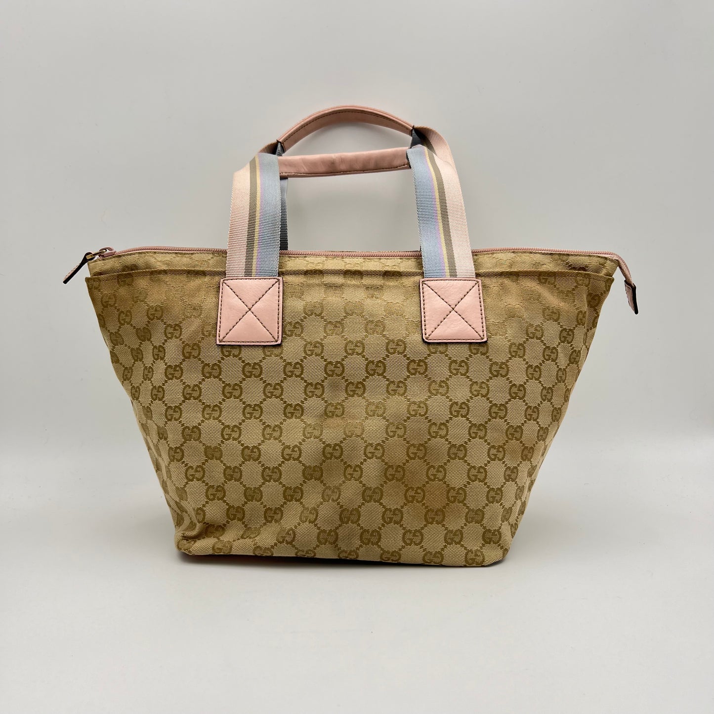 Gucci Beige Monogram Canvas Web Sherryline Pink Leather Boat Bag