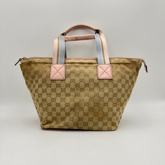 Gucci Beige Monogram Canvas Web Sherryline Pink Leather Boat Bag