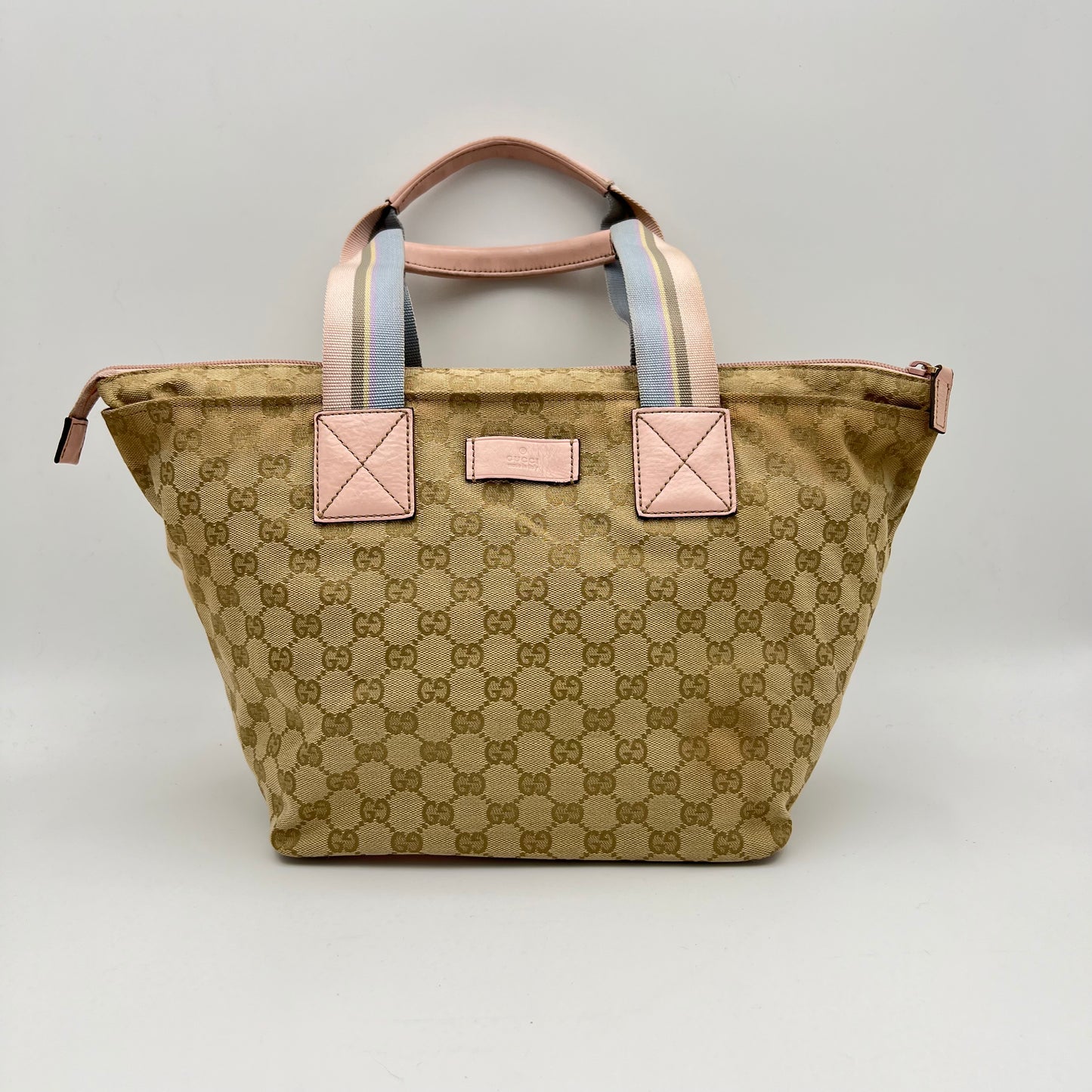 Gucci Beige Monogram Canvas Web Sherryline Pink Leather Boat Bag