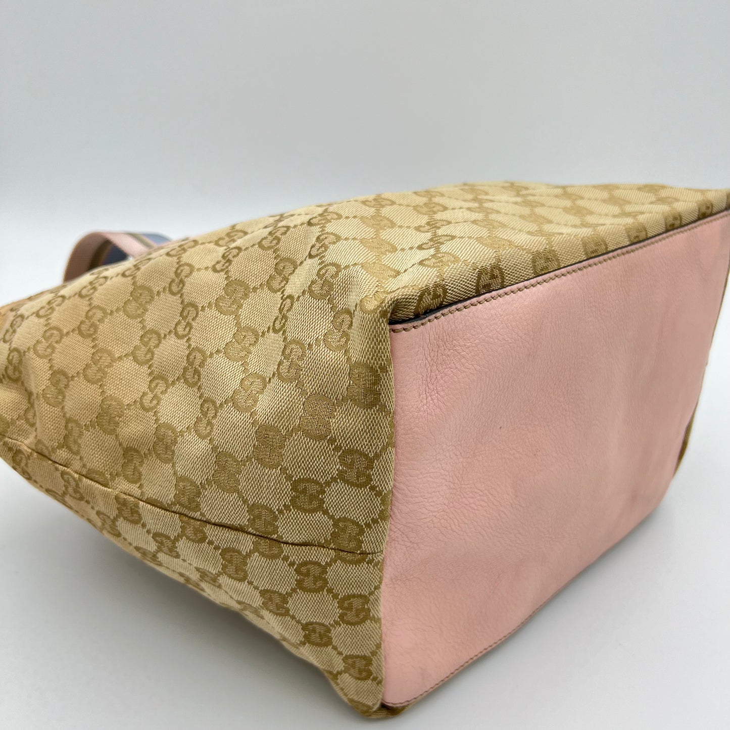 Gucci Beige Monogram Canvas Web Sherryline Pink Leather Boat Bag