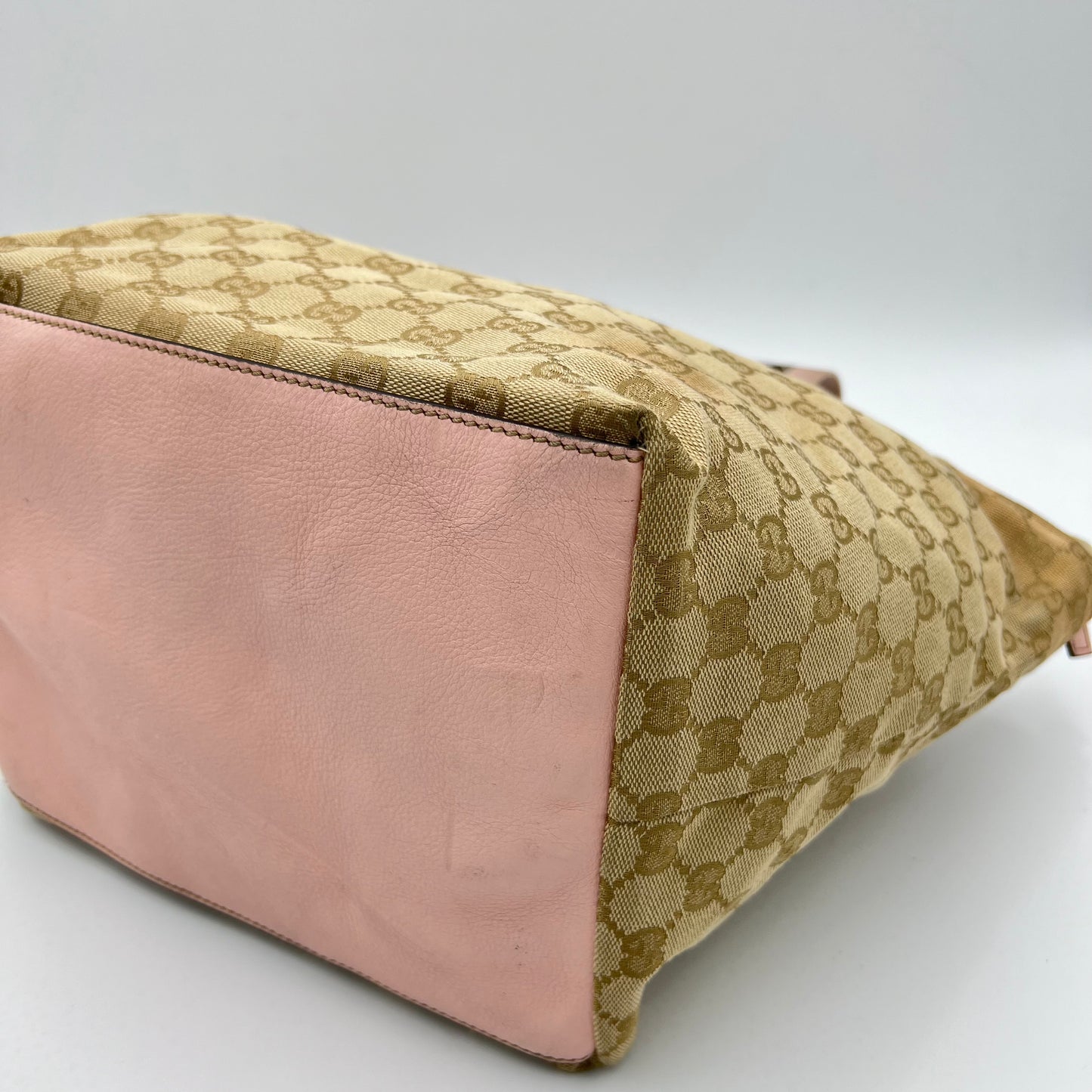 Gucci Beige Monogram Canvas Web Sherryline Pink Leather Boat Bag
