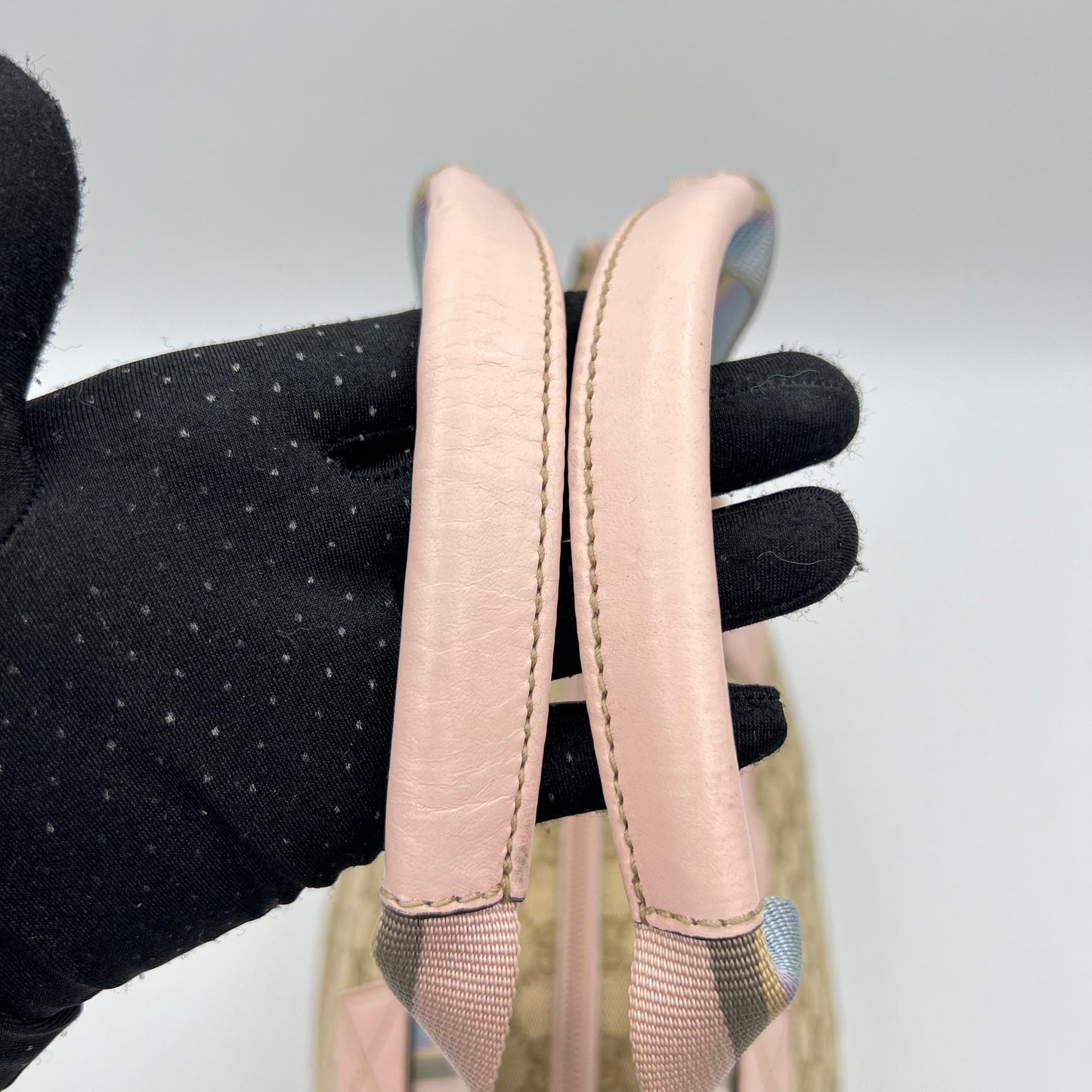Gucci Beige Monogram Canvas Web Sherryline Pink Leather Boat Bag