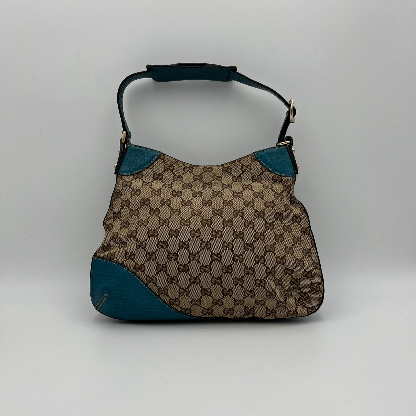 Gucci Brown Monogram Canvas Turquoise Blue Leather Horsebit Shoulder Bag