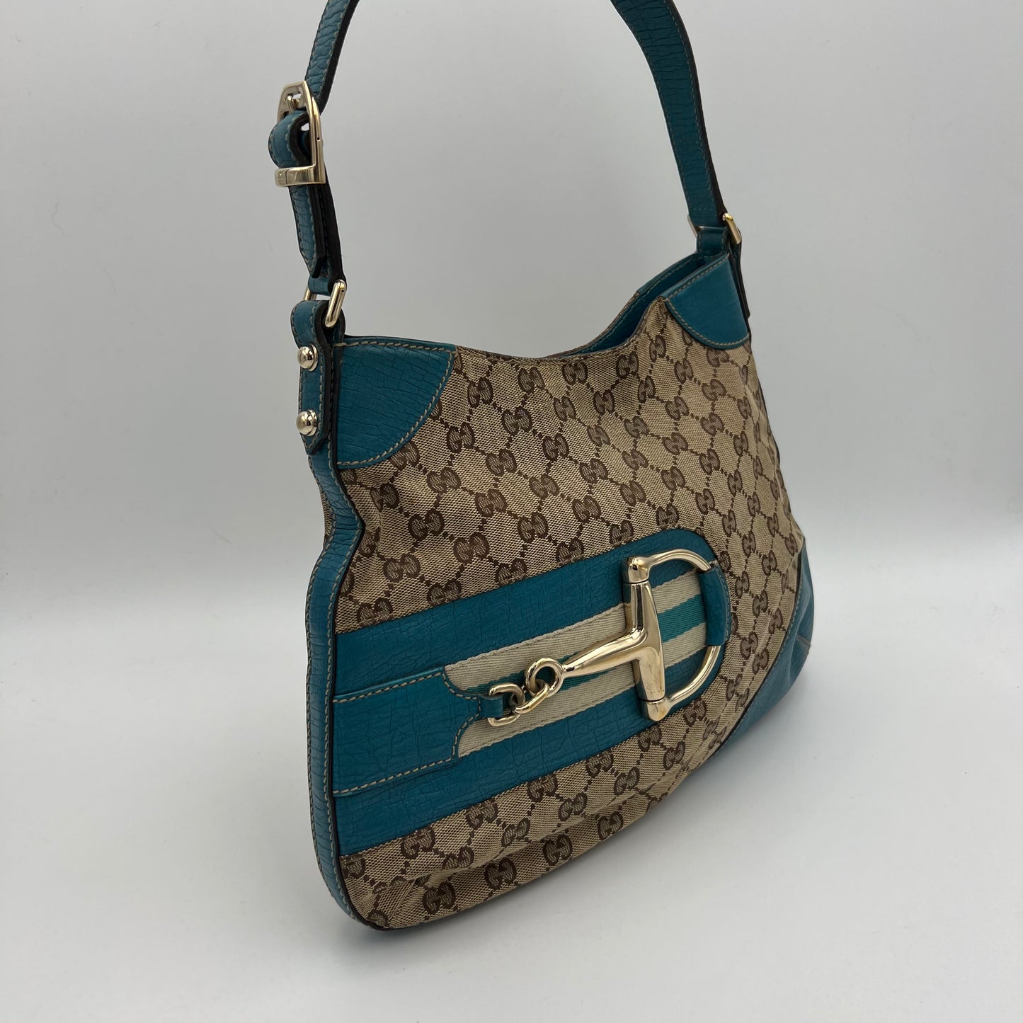 Gucci Brown Monogram Canvas Turquoise Blue Leather Horsebit Shoulder Bag