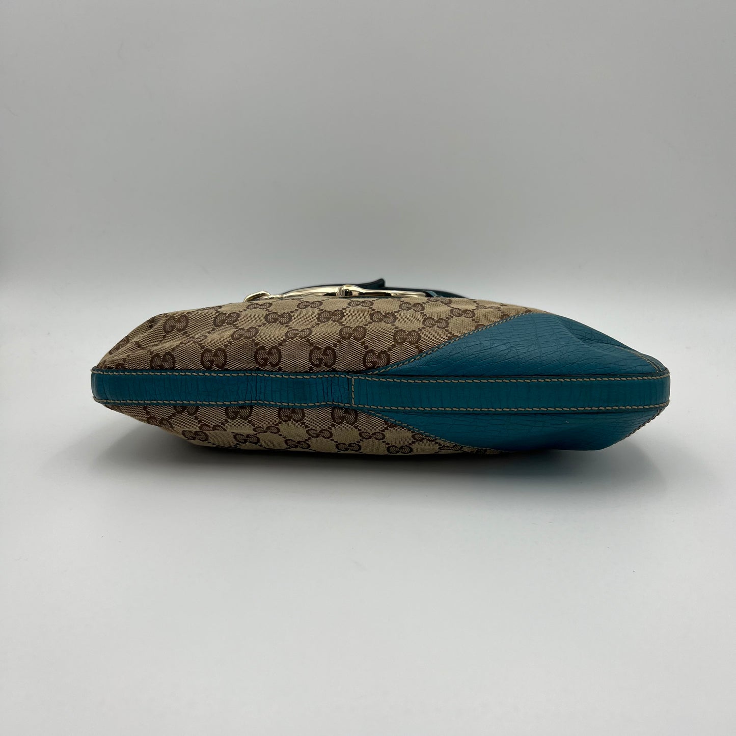 Gucci Brown Monogram Canvas Turquoise Blue Leather Horsebit Shoulder Bag