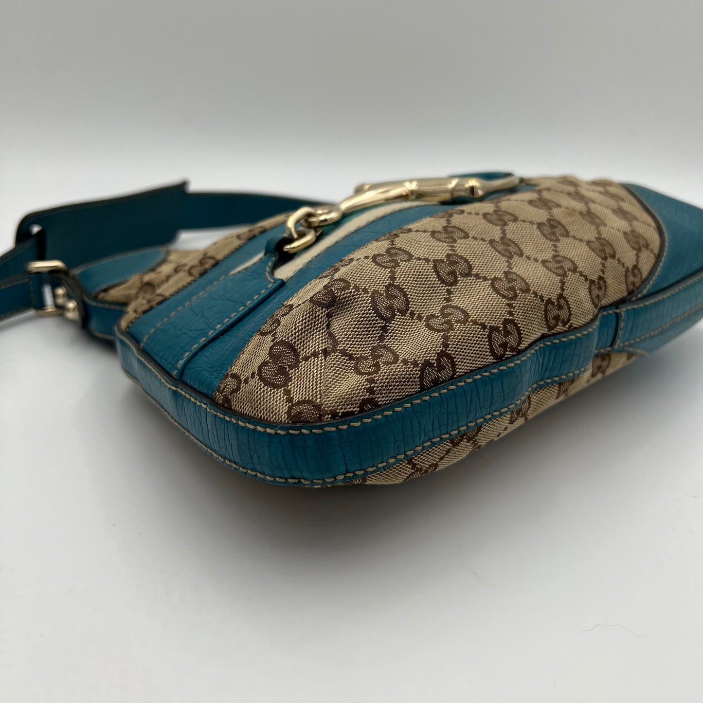 Gucci Brown Monogram Canvas Turquoise Blue Leather Horsebit Shoulder Bag