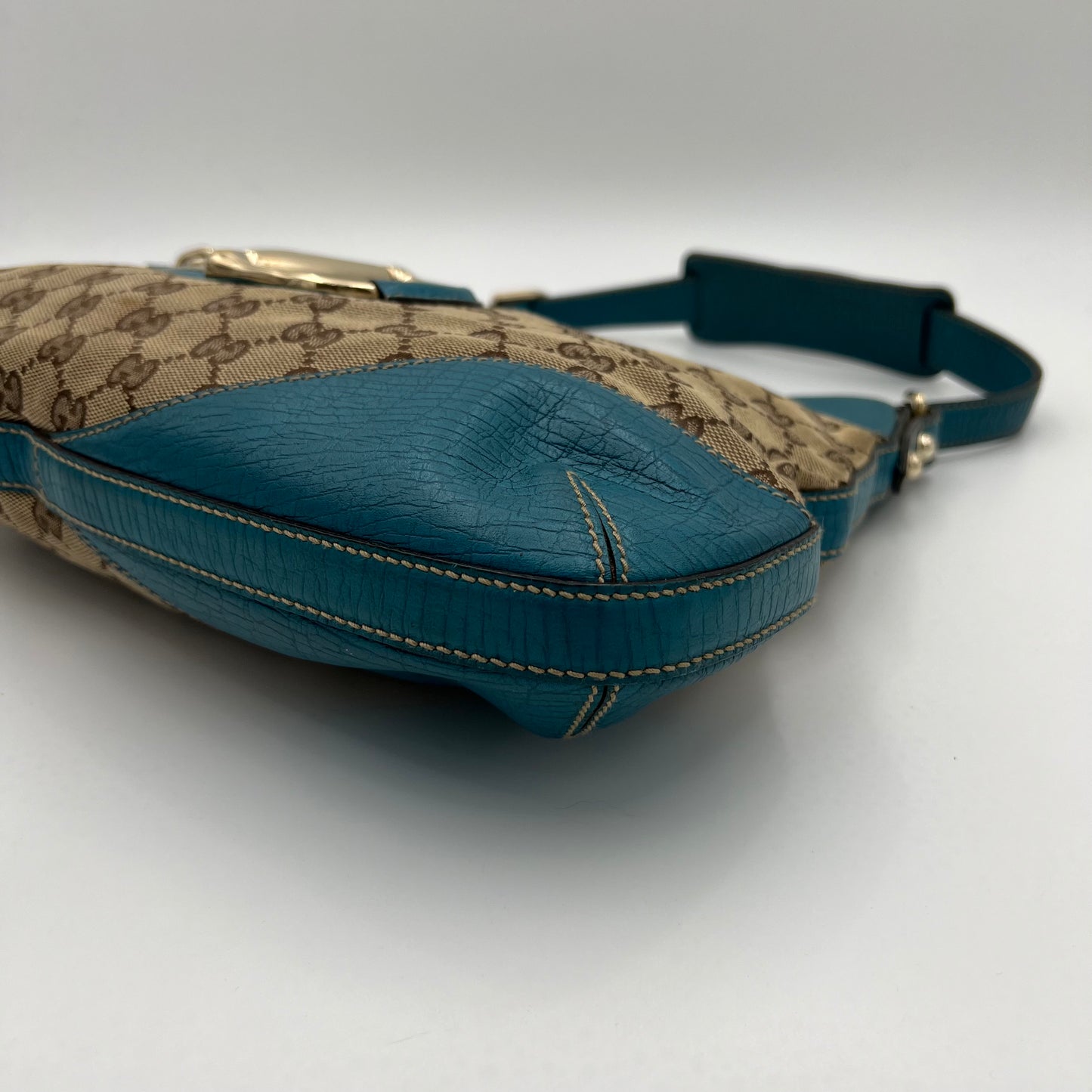 Gucci Brown Monogram Canvas Turquoise Blue Leather Horsebit Shoulder Bag