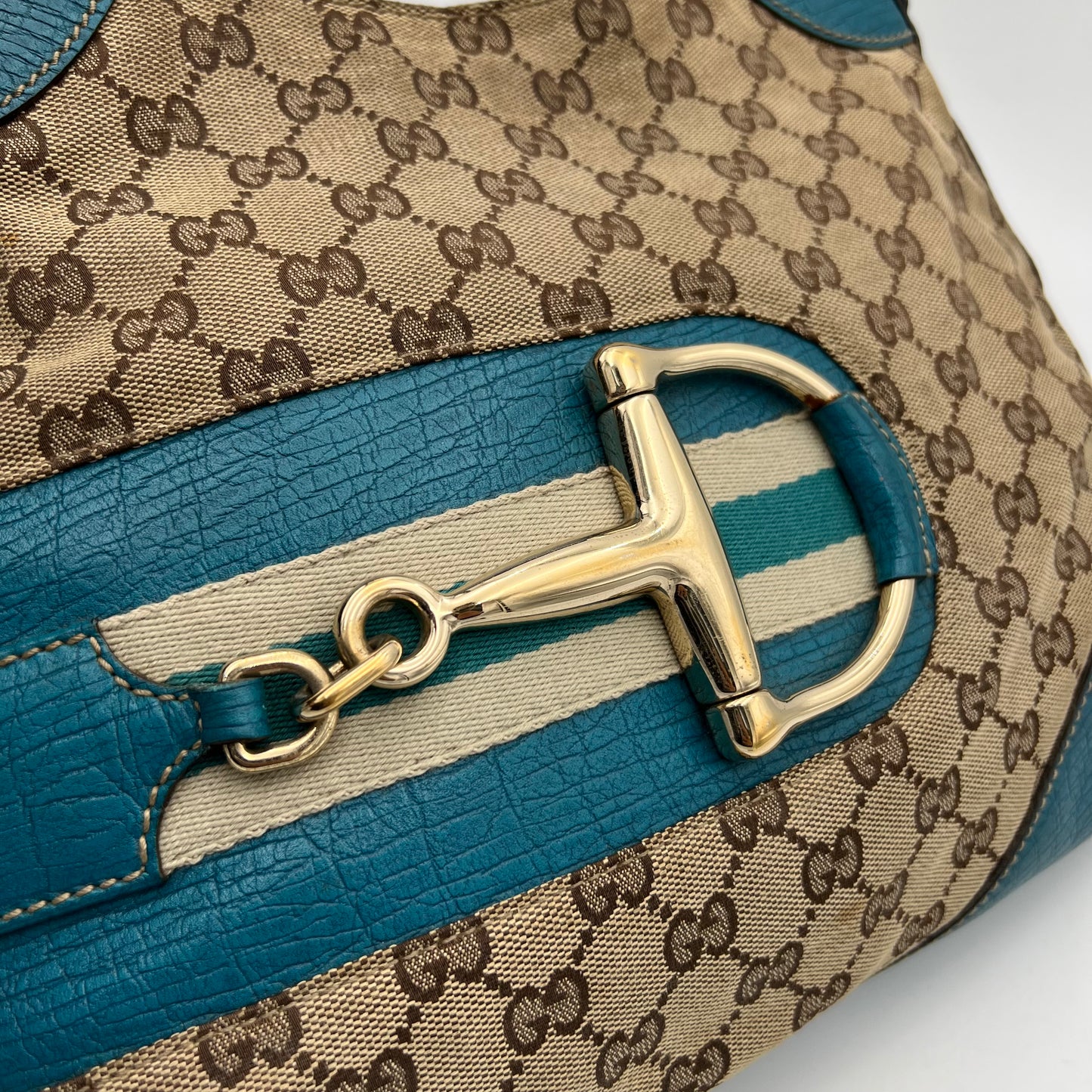Gucci Brown Monogram Canvas Turquoise Blue Leather Horsebit Shoulder Bag