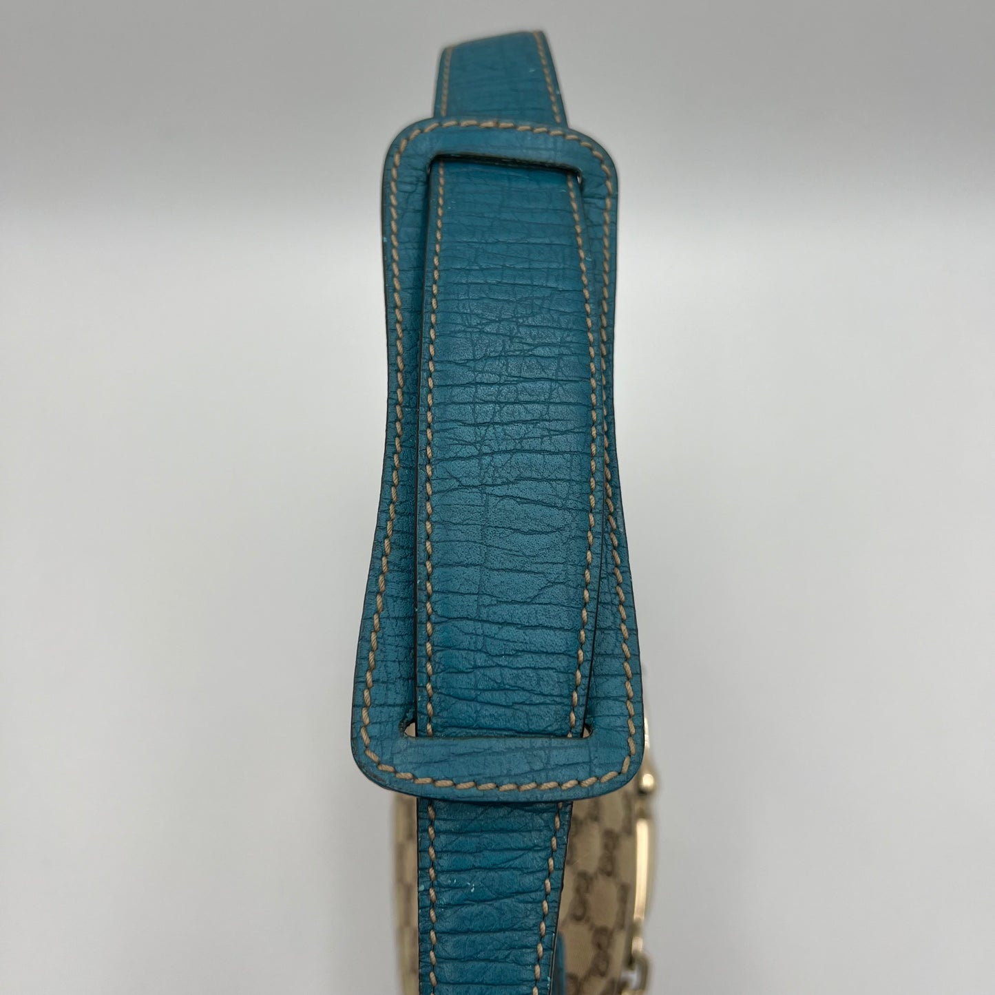 Gucci Brown Monogram Canvas Turquoise Blue Leather Horsebit Shoulder Bag